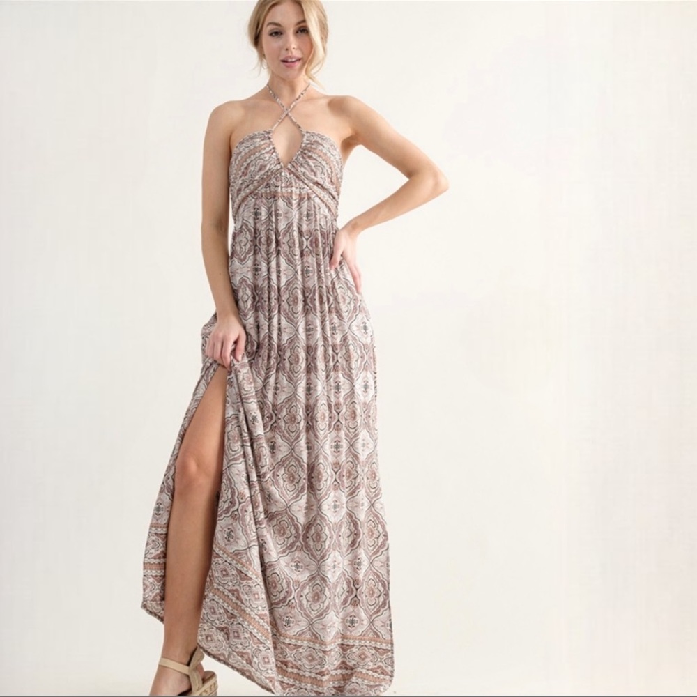 🤎New Esme Rose Taupe Boho Floret Halter Maxi Dress - Picture 3 of 5